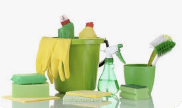 Cleaning products and supplies neatly arranged on a shelf, ready to tackle any cleaning task efficiently